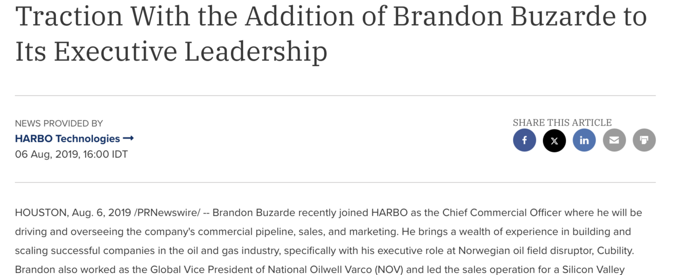 Oil Spill Response Tech Company, HARBO, Gains Traction With the Addition of Brandon Buzarde to Its Executive Leadership